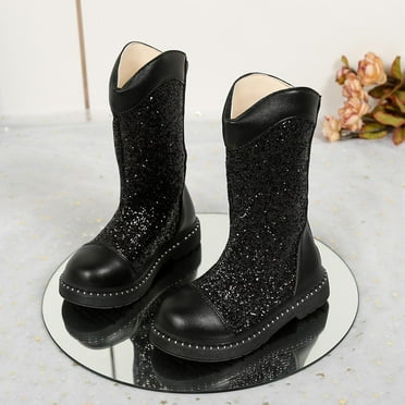 NAISIBABY Boots for Girls, Zipper Mid-Cut Sequined Bowknot Fashion Princess Boots Black