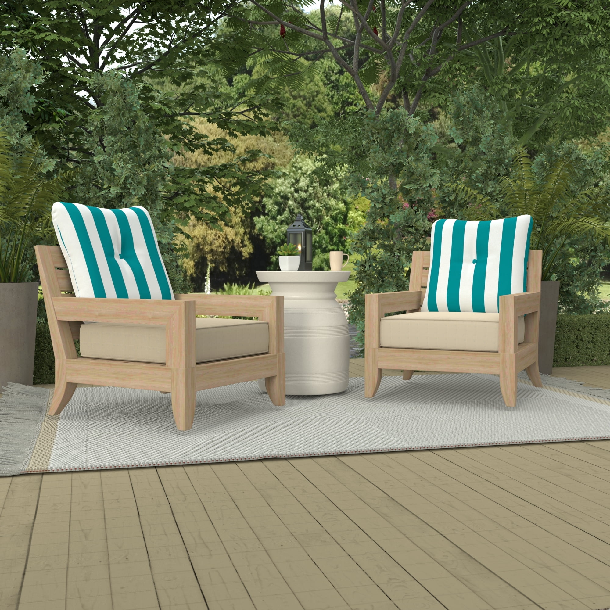 Jordan Manufacturing 23.5" x 24" Awning Turquoise Stripe Square Tufted Outdoor Deep Seat Chair Back Cushion with Fabric Button