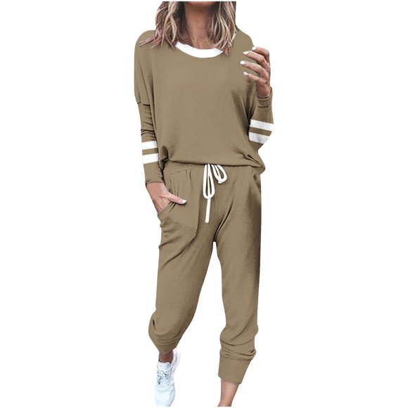 LMKIHUSA Comfy Sweatsuits for Women Two Piece Outfits Set Long Sleeve Long Pants Tracksuits Striped Spring Fall Sweatsuits 2025 Khaki,S