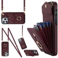 thumbnail image 3 of Funda de cuero con soporte para anillo y cordón cruzado para iPhone 13, 14, 15, 16 Pro Max, 12, 11, XS Max, XS, 8, 7 Plus, funda tipo billetera con ranuras para varias tarjetas, 3 of 5
