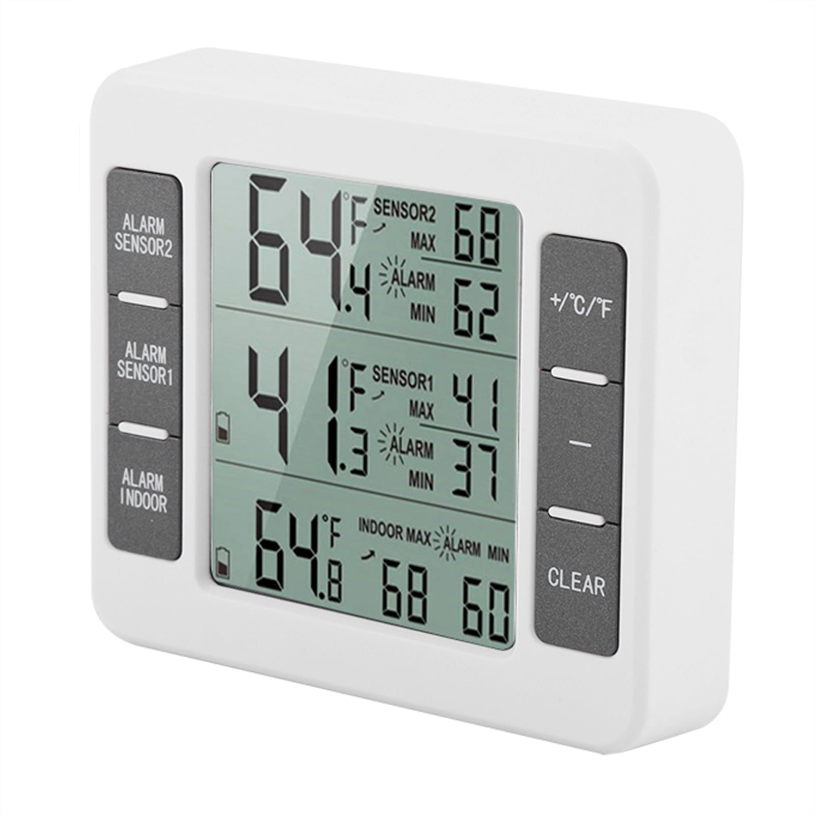 LAZIOEGR Wireless Digital Refrigerator Thermometer with 2 PCS Remote Sensors, Audible Alarm Freezer Temperature Monitor for Home Kitchen, Range 328ft / 100m, Dual Display (Black & White)