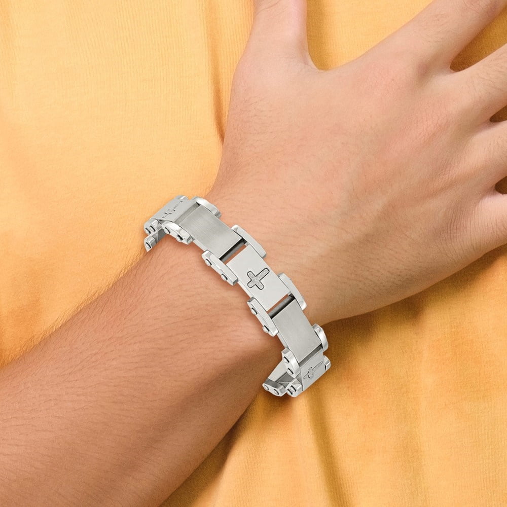 Diamond2Deal Stainless Steel Brushed Polished and Laser Cut Crosses Link Bracelet for Men 8.75"