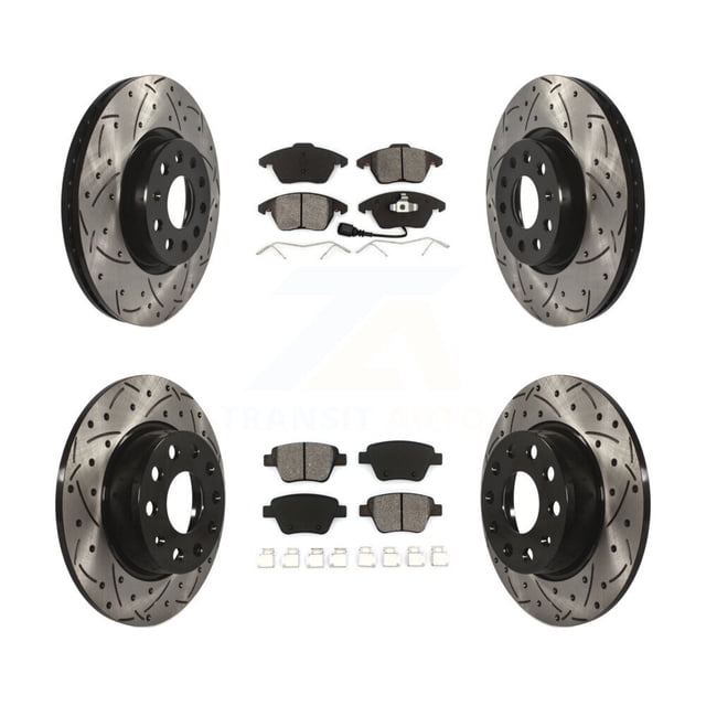 Transit Auto Front Rear Coated Drilled Slotted Disc Brake Rotors and Semi-Metallic Pads Kit for Car Volkswagen Beetle GTI KDS-100271