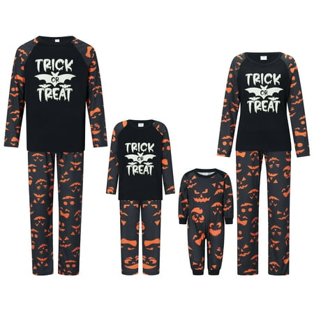 

FOCUSNORM Family Matching Halloween Pajamas Set Letter Print Holiday Pajamas Glow in Dark Sleepwear Dad Mom Kids PJs