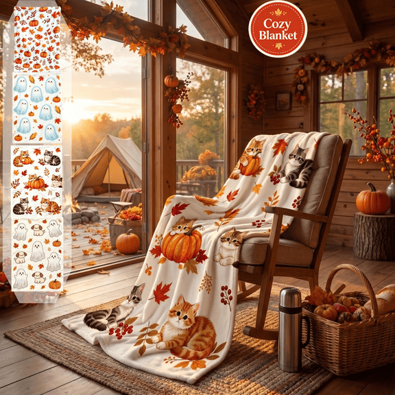 Fall Decorations, Thanksgiving Flannel Throw Blanket, 27.6x39in, Soft Festive Printed Decorative Blanket Indoor Home Decor for Halloween Thanksgiving Autumn Harvest Holiday(Single-sided pattern)