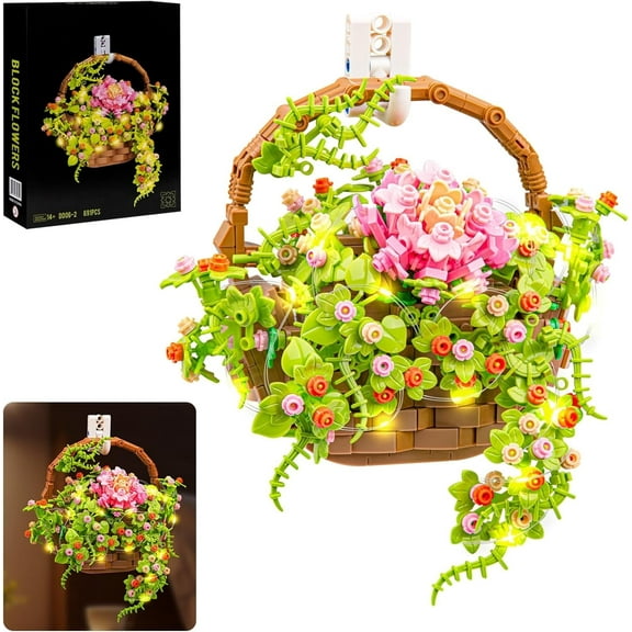 Flower Bouquet Building Set, Flowers Basket Bonsai Plants with Light, Botanical Collection Wall Decor, Creative Building Toy Gift for Adults Kids (691 PCS)