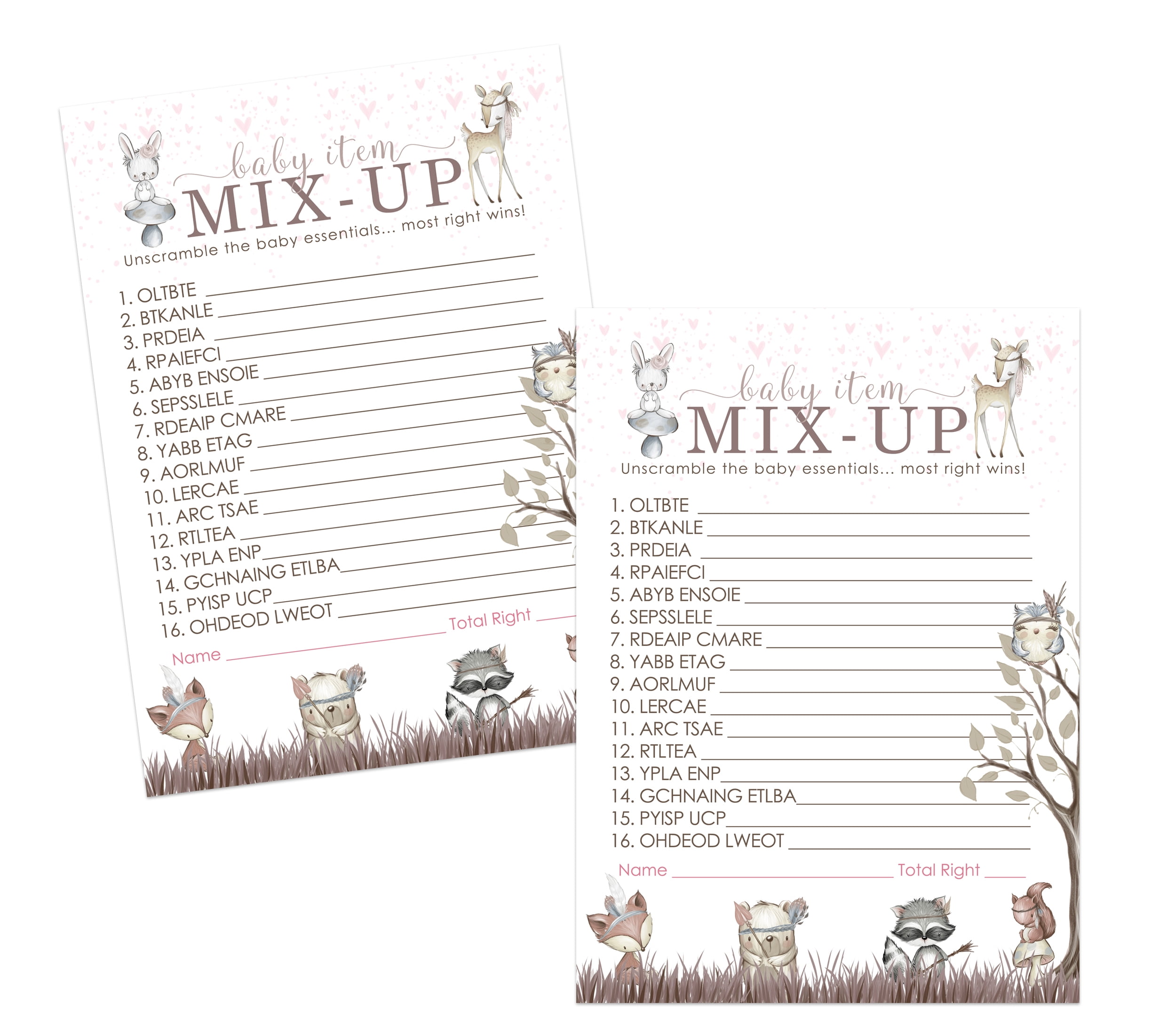 Girls Woodland Baby Shower Word Scramble Game Cards (25 Pack) Word Jumble Games Pink Rustic Animal Flower Printed 5x7 Size Set Paper Clever Party