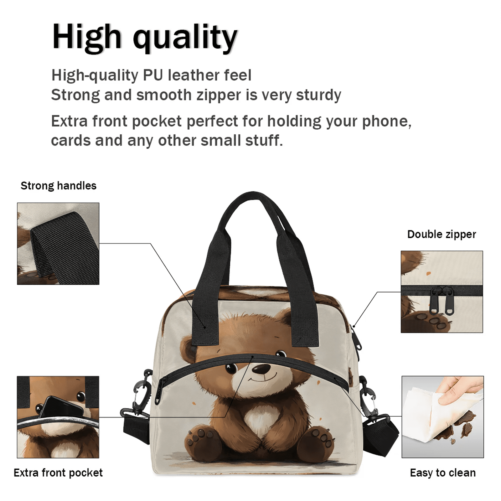 Herdesigns Brown Lunch Bag for Women Men Adult, Bear Large Insulated Reusable Lunch Box Leakproof Portable Cooler Tote Bags for Work Picnic Beach