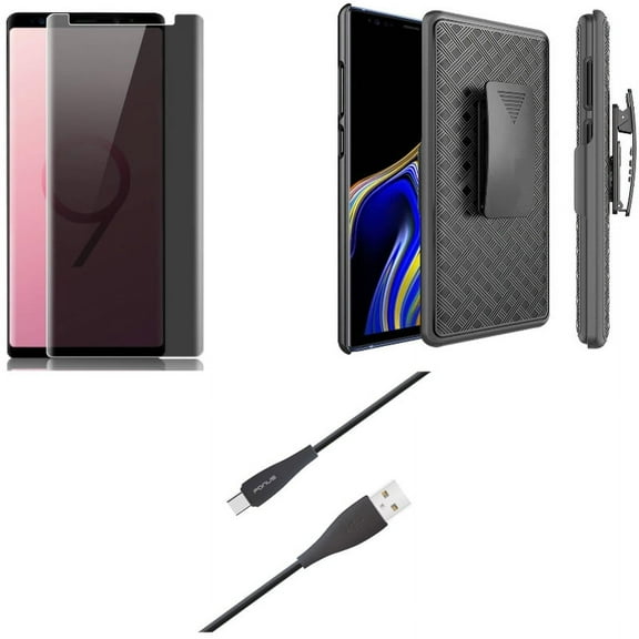 Galaxy Note 9 - Privacy Screen Protector w Case Belt Clip w 6ft USB Cable - Tempered Glass Curved Anti-Spy, Holster Swivel Cover, Type-C Charger Cord Power for Samsung Galaxy Note 9