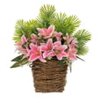 thumbnail image 2 of Spring Summer Artificial Floral Hanging Basket, Faux Pink Lily Woven Planter, Silk Vine Decor for Porch Patio Indoor, Pink, 2 of 9