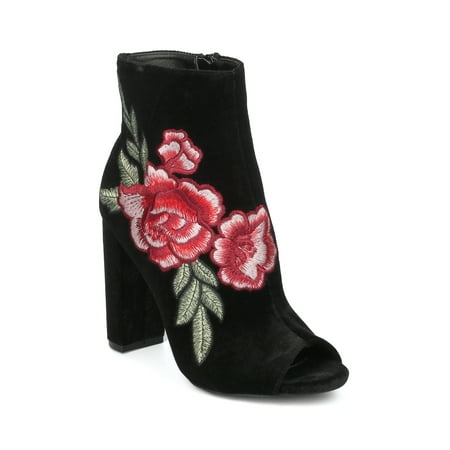 - New Women Wild Diva Morris-03C Peep Toe Rose Embroidered Chunky Heel Bootie