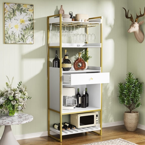 67" Tall Sideboard Buffet with LED Lights, Sideboard Buffet Storage Cabinet with Metal Frame & Glass Rack, Storage Cupboard with Drawer for Living Room, White & Gold