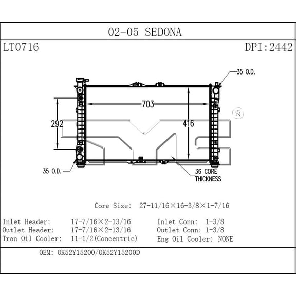 Tyc 2442 Compatible With Fits/For Kia Sedona Replacement Radiator