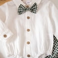 thumbnail image 6 of Ulanda Fall Outfit Newborn Baby Boy Gentleman Long Sleeve Bow Tie Romper Plaid Suspender Pants 2Pcs Christmas Clothes Set (Green, 12-18 Months), 6 of 9