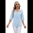 thumbnail image 3 of Blusas Elegantes e Informales para Mujer, con Mangas 3/4, Cuello en V y Volantes, Color Azul , Talla XXL., 3 of 9
