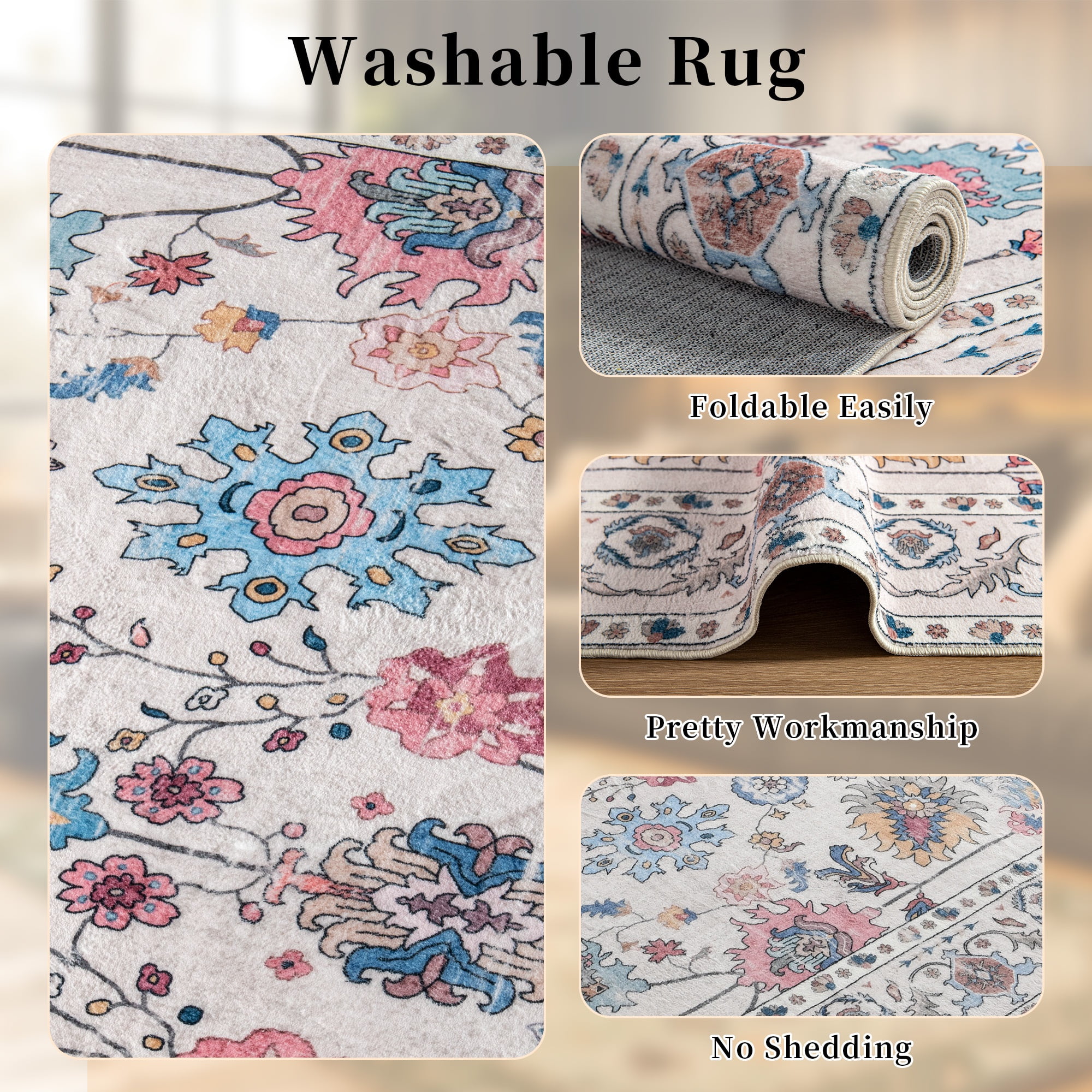Wondo 4x6 Vintage Bohe Washable Beige Area Rug for Living Room, Bedroom, Dining Room, Office, Nursery Anti-slip Easy Care Carpet, Ultra-thin Stain Resistant Indoor Low Pile Carpet