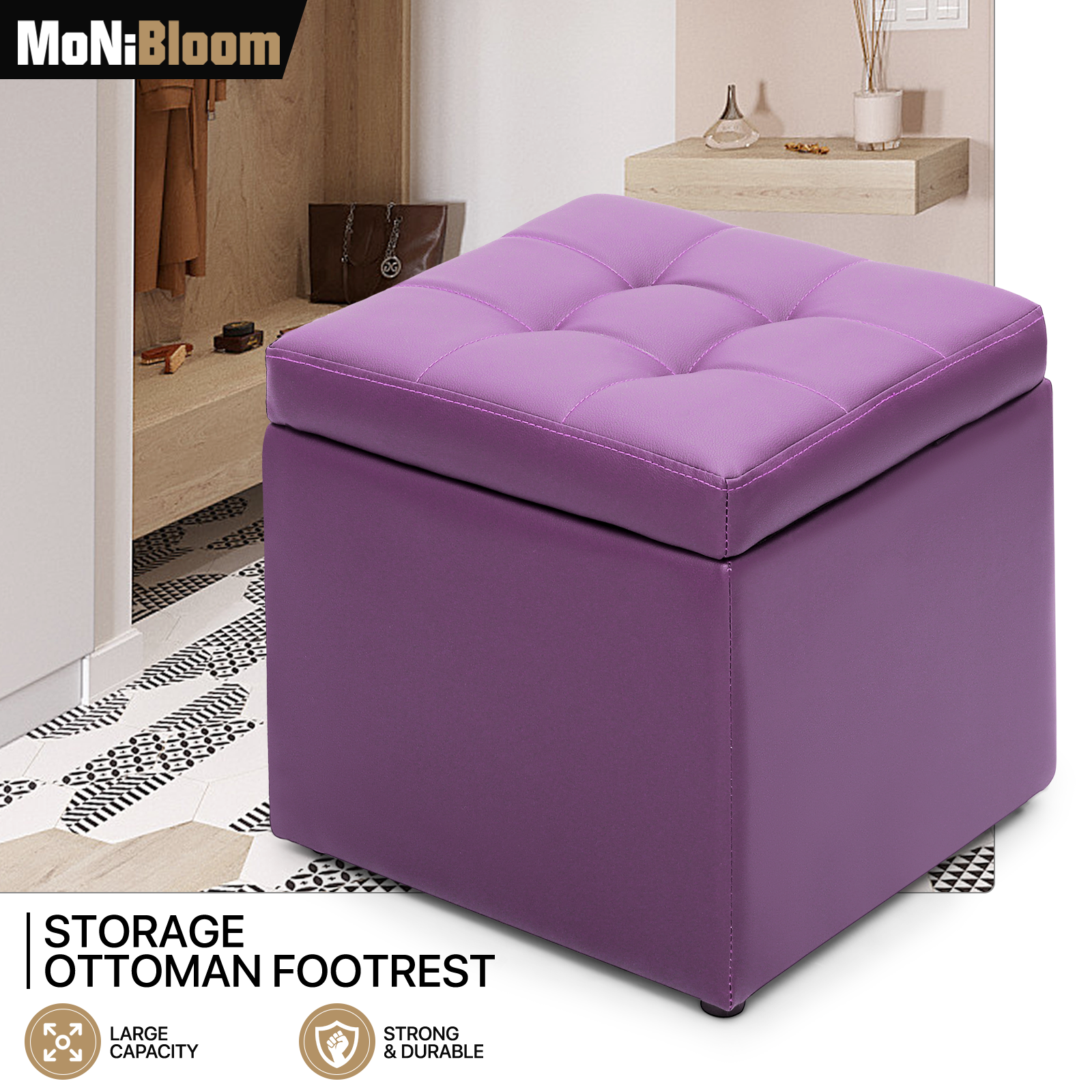MoNiBloom 16" Square Button Tufted Storage Ottoman, PU Leather Entryway Shoe Bench, Livingroom Lift Top Pouffe Storage Cube Footstool, Purple - image 3 of 9