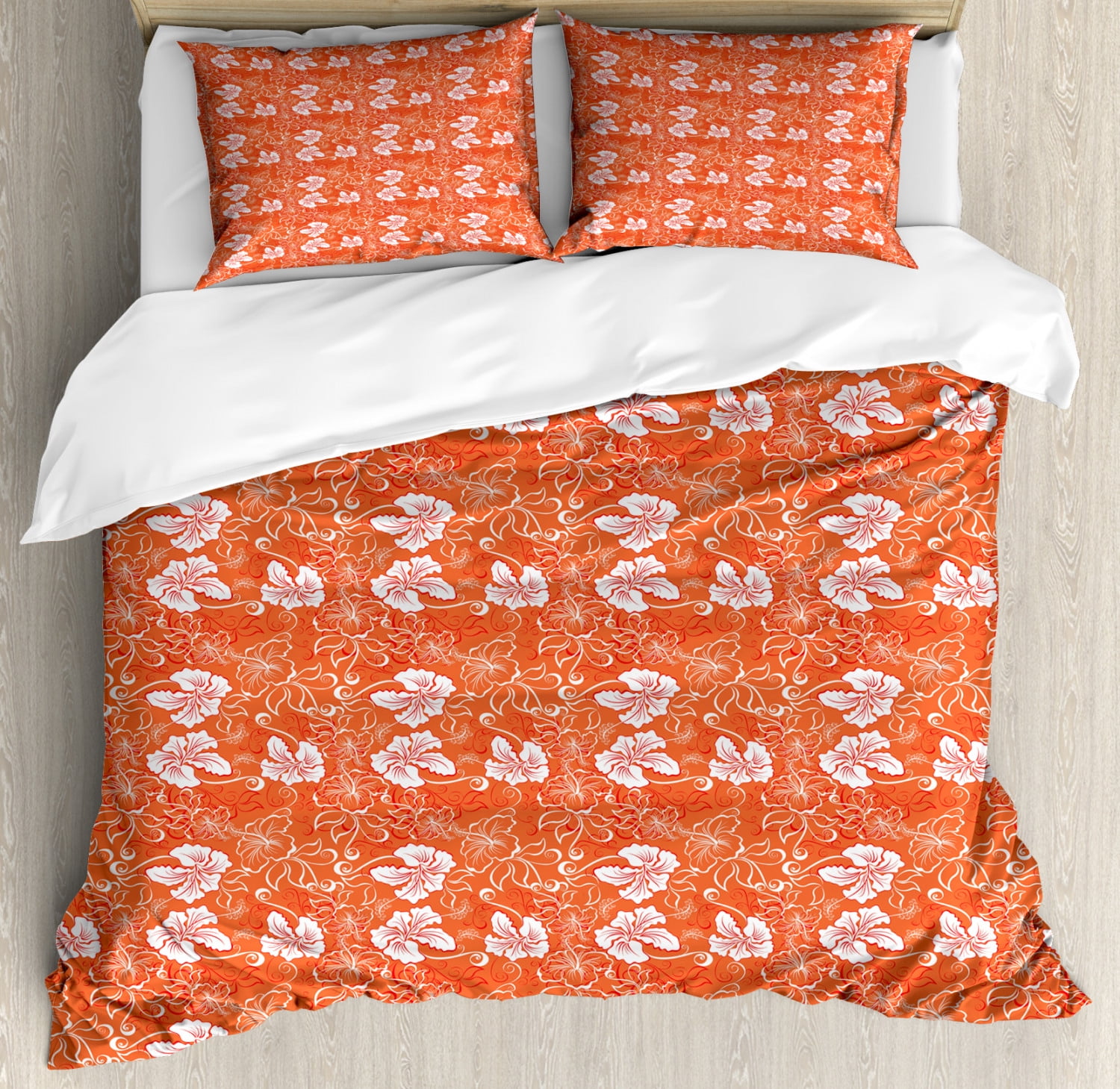 Burnt Orange Queen Size Duvet Cover Set, Hawaiian Hibiscus Pattern with