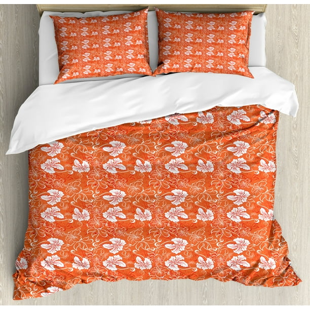 Burnt Orange King Size Duvet Cover Set, Hawaiian Hibiscus Pattern with