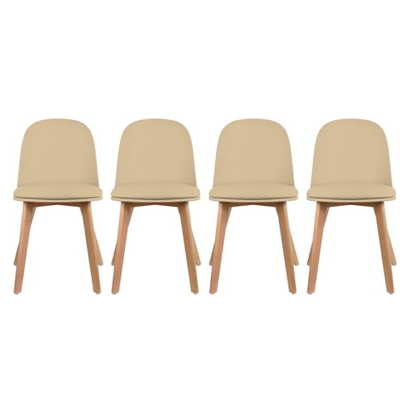 Set of 4 Armless Plastic Dining Chair Wood Legs for Dining Room Faux Leather Molded Seat With Cushion, Beige