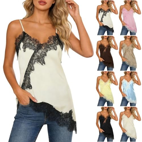 Women Lace Trim Satin Tank Top V Neck Silk Sexy Camisole Tops Asymmetrical Backless Spaghetti Strap Cami Tops Casual Summer Outfits Womens Tops Beige L