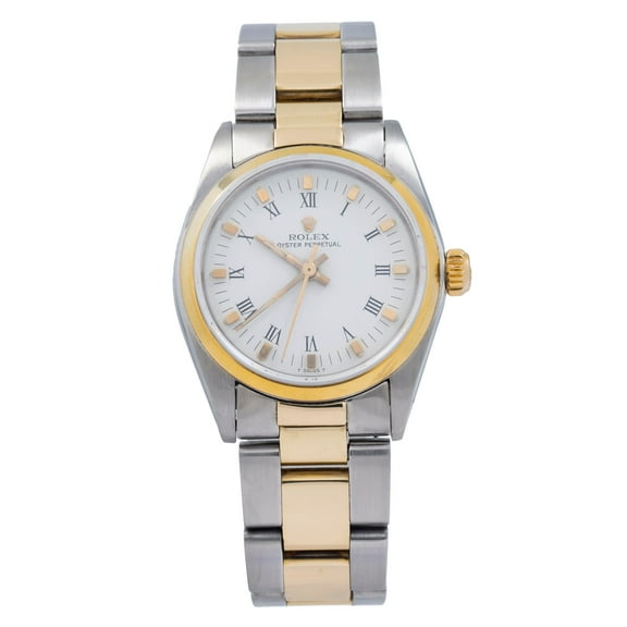 Pre-Owned Rolex Oyster Perpetual 31MM 6748 White Roman Dial Smooth Bezel Two Tone Yellow Gold Oyster Bracelet