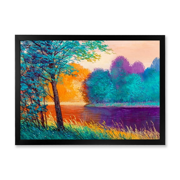 Colorful Trees During Twilight Along River 40 in x 30 in Framed Painting Canvas Art Print, by Designart