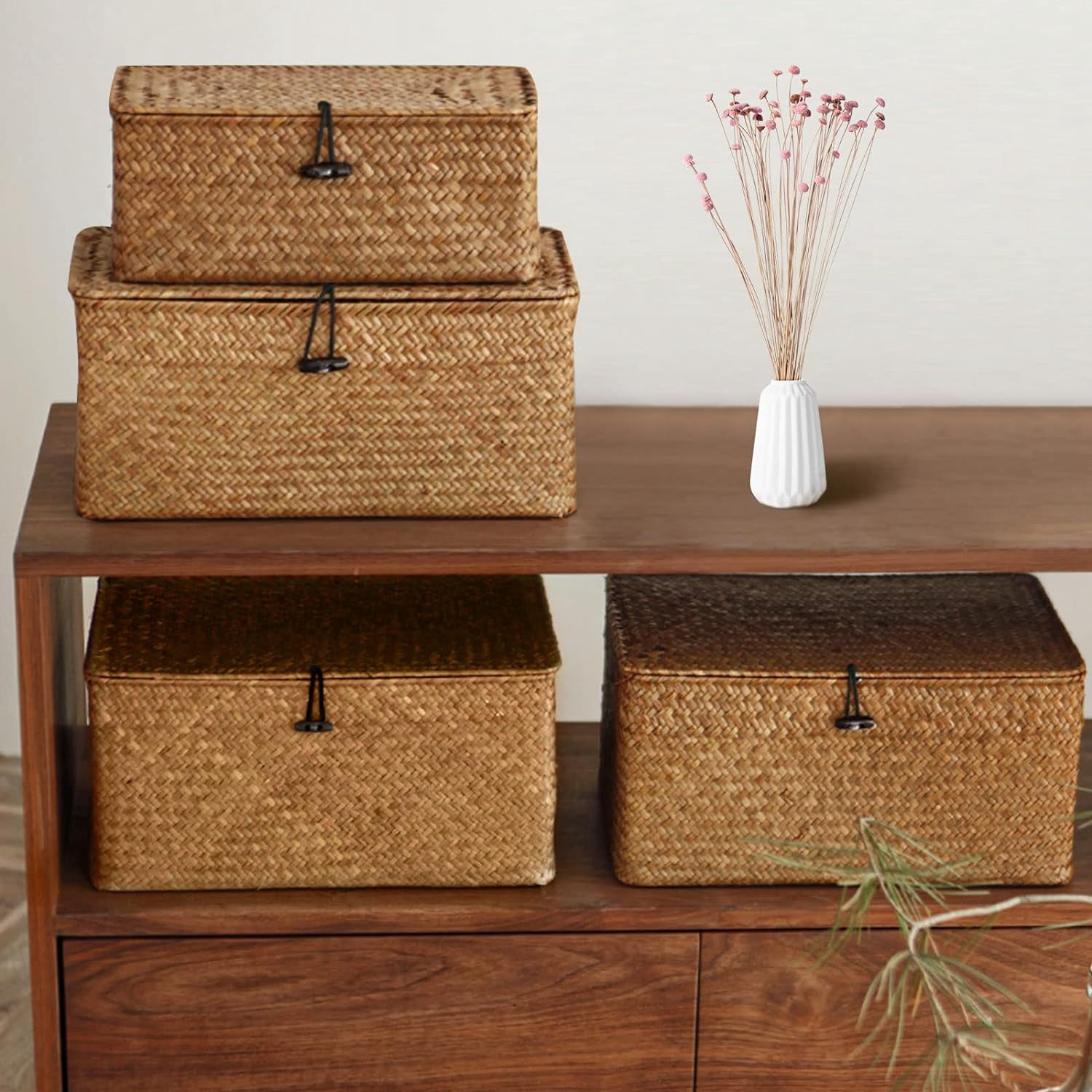 Woven Wicker Storage Basket Bin with Lid, Hand-Woven Desktop Basket,Small Home Storage Organizer Container, Rectangular Bathroom Storage Organiser Box,Multipurpose Storage Basket (Medium)