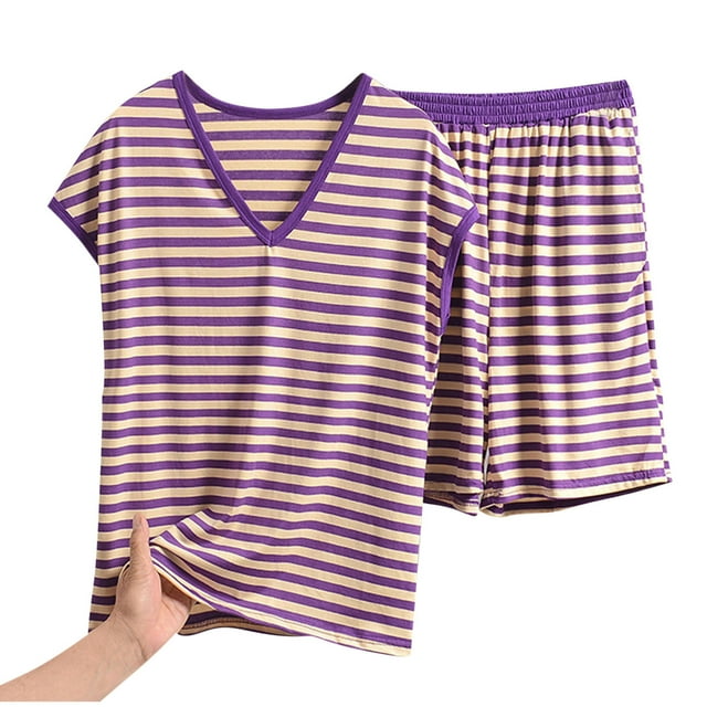 Posijego Ensemble de Pyjama Grande Taille pour Femmes, Col en V, Rayé, Manches Courtes, Shorts, Tenue de Nuit, Dames, Ensemble de Pyjamas 2 Pcs
