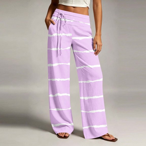 Karymi Jeans for Women Irregular Horizontal Striped Straight Leg Long Pants, Drawstring High Waist Decor Tie Front Trousers with Side Pockets Pants for Women