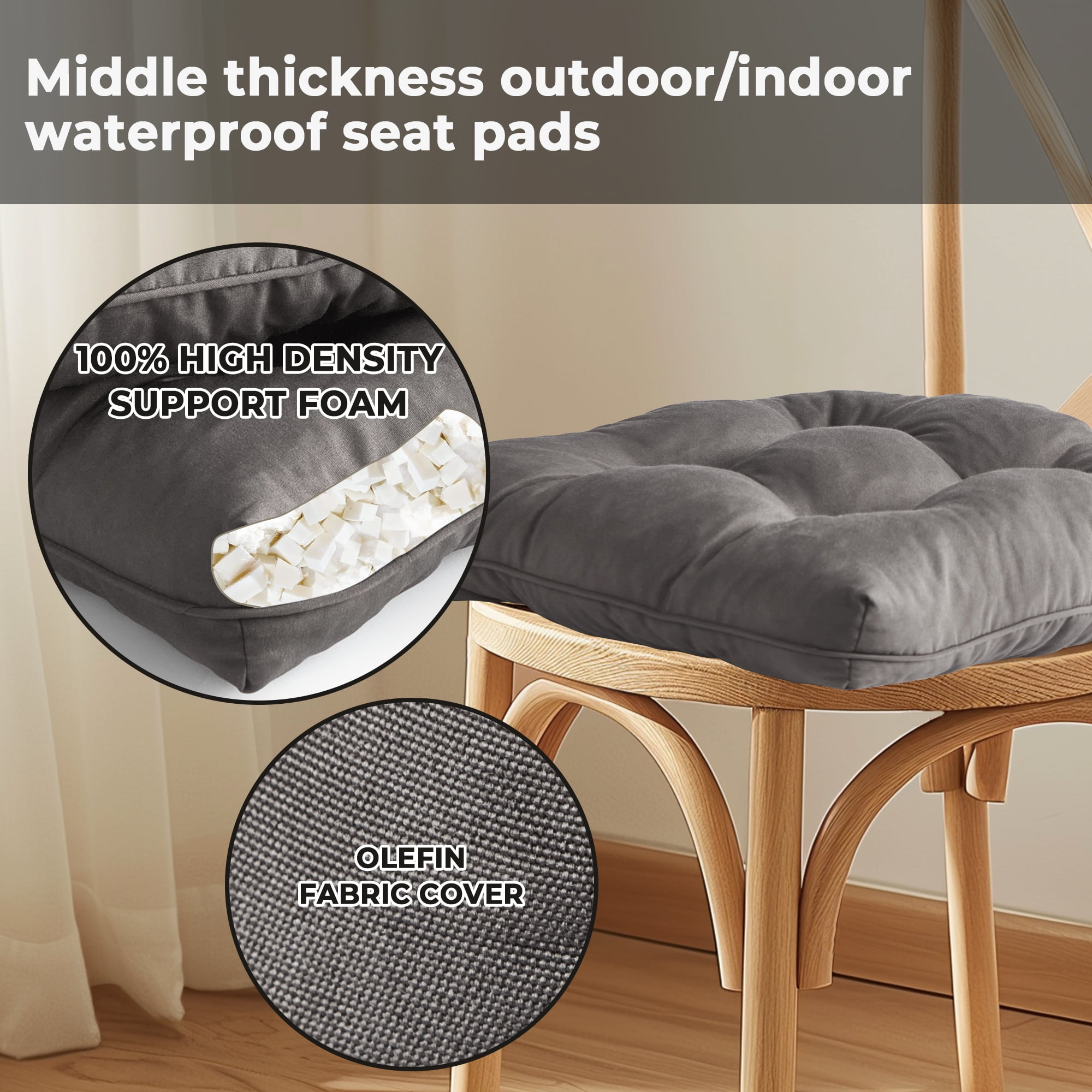 UNIKOME 19" x 19" Gray Seat Pads Cushions, Water-Resistant (2 Count)