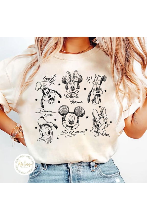 Vintage Mickey and Friends Signatures Shirt, Mickey & Co Baby Tee Crop Tank, Mickey Sketch Shirt, Disney Sketch Tee, Disney Family Shirts