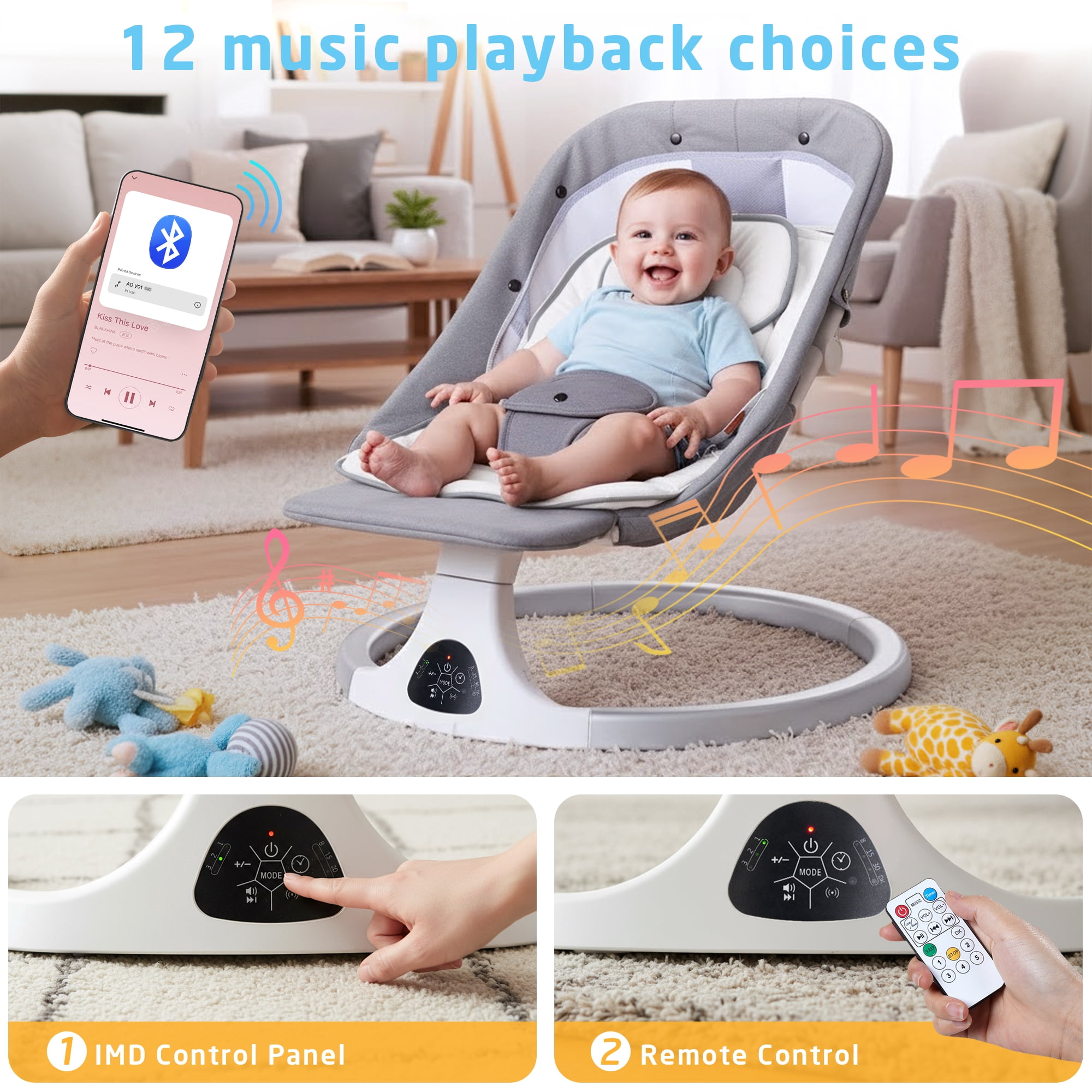 SACVON Portable Baby Swing, 5 Speed & Bluetooth Music, with Remote Control for Indoor Outdoor Use, for Infants 0-6 Months, Gray