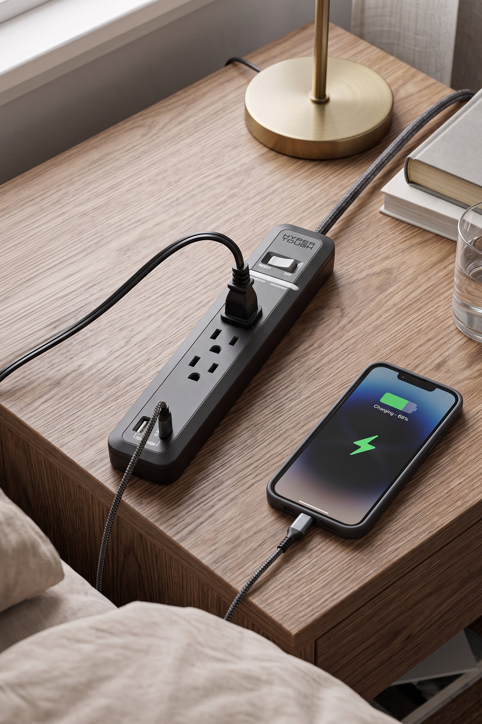 Hyper Tough 3-Outlet Power Strip with USB-A & USB-C, 6 Ft Extension Cord, Black