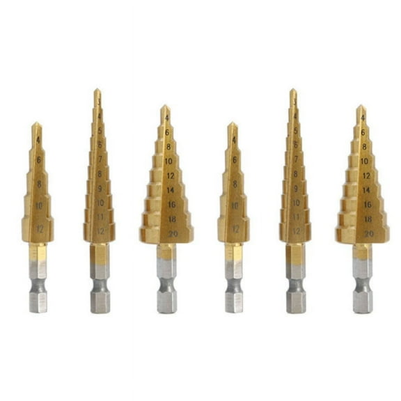 6 Pcs High-Speed Steel Step Drill Bit Set Power Tools Cone Titanium Coated Metal Hole Cutter 1/4 Inch Hex Shank Drive,Gold