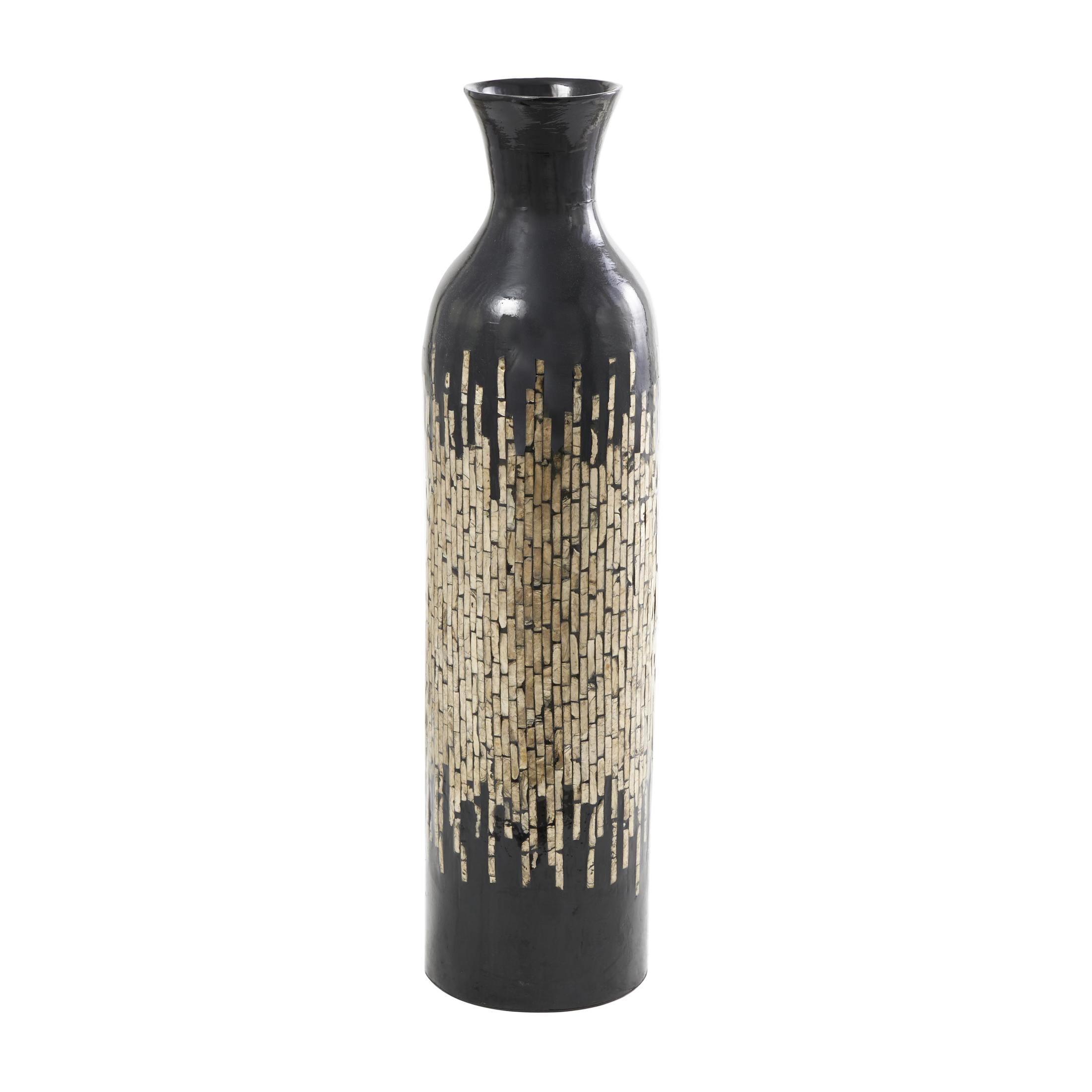 DecMode 34" Handmade Mosaic Shell Inlay Gold Mother of Pearl Shell Vase with Black Bamboo Base