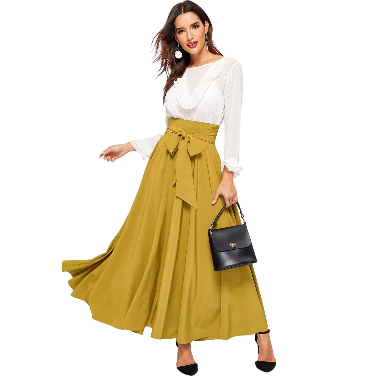 nsendm Female Skirt Adult Tulle Skirt for Girls Women s Elegant High Waist Skirt Tie Front Pleated Maxi Skirts Denim Skirt Women Yellow XS Walmart