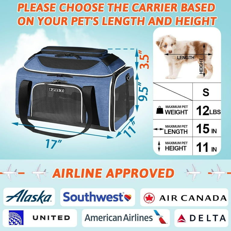 Top Expandable Pet Carrier 17x11x9.5 Inches Alaska Airline Approved Soft Sided Carrier for Small Cats and Dogs with Locking Safety Zippers and