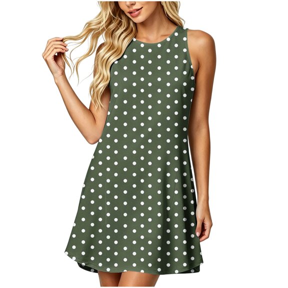 SAWOBUUN Womens Sleeveless Polka Dot Mini Dress Crew Neck Summer Casual Tank Dress Loose Fit Beach Sundress with Pockets