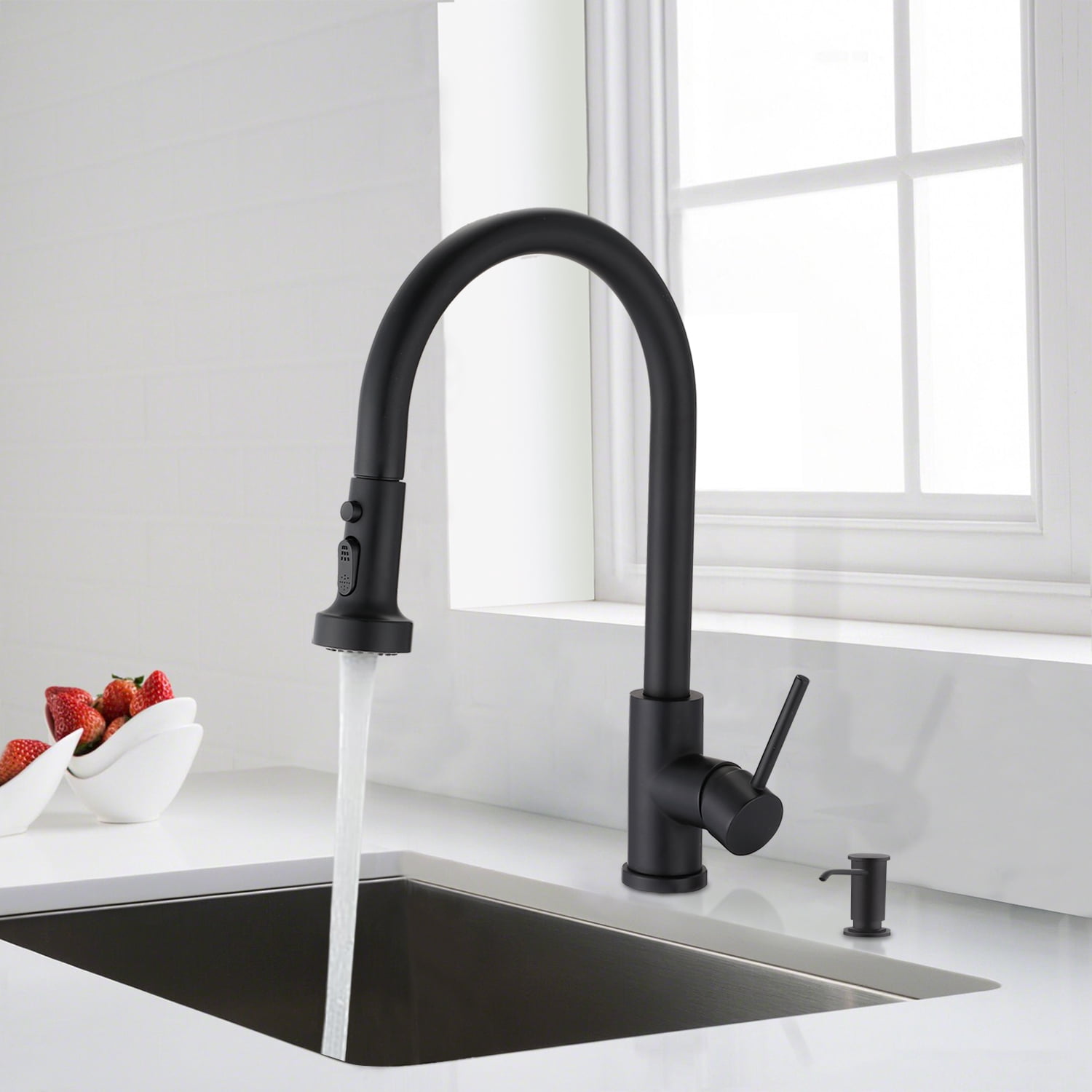 Hottest Stainless Steel Pull Down Kitchen Faucet with Soap Dispenser Matte Black