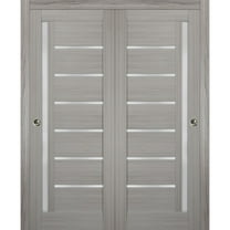 Sliding Closet Frosted Glass Bypass Doors 60 x 80 inches | Quadro 4088 Grey Ash | Sturdy Top Mount Rails Moldings Trims Hardware Set | Wood Solid Bedroom Wardrobe Doors