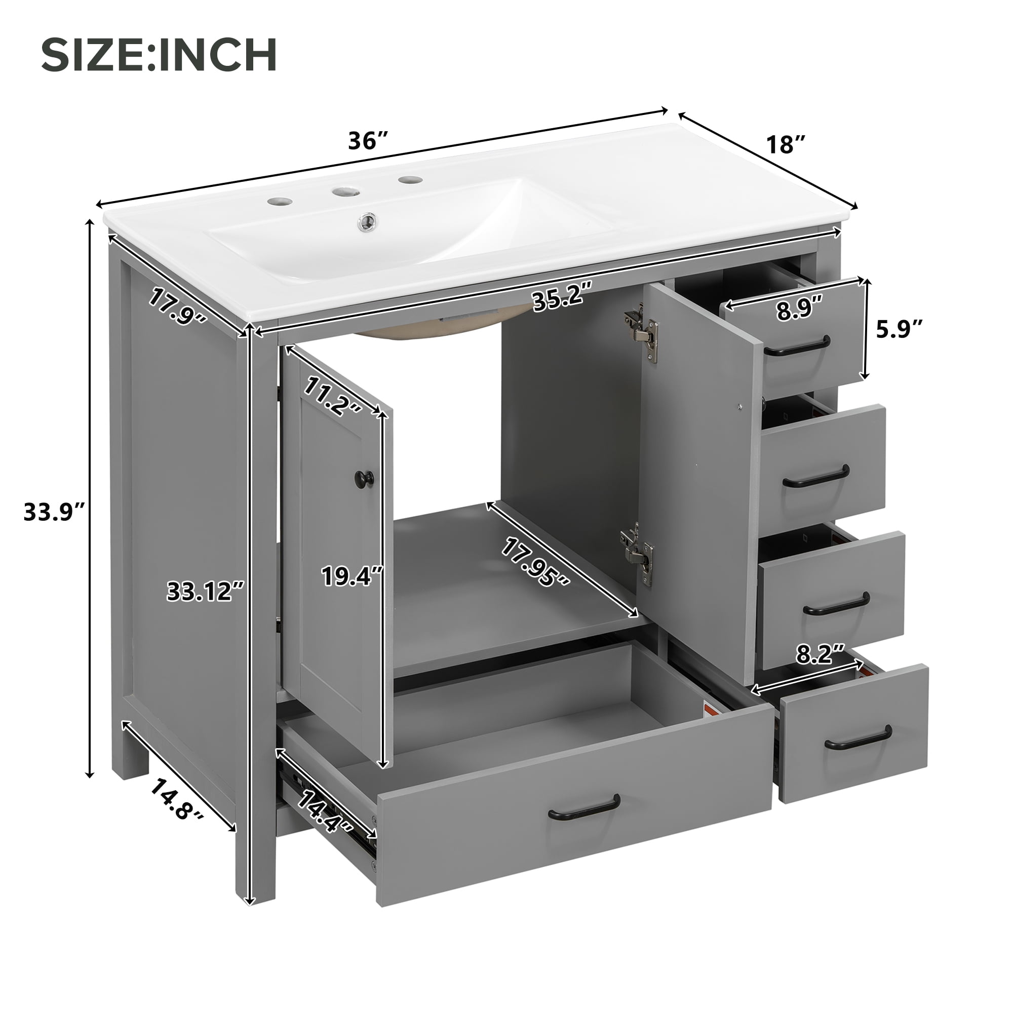 Euroco 36" Gray Bathroom Vanity with Ceramic Sink Combo, Abundant Storage Cabinet -2 Soft close doors and 5 drawers