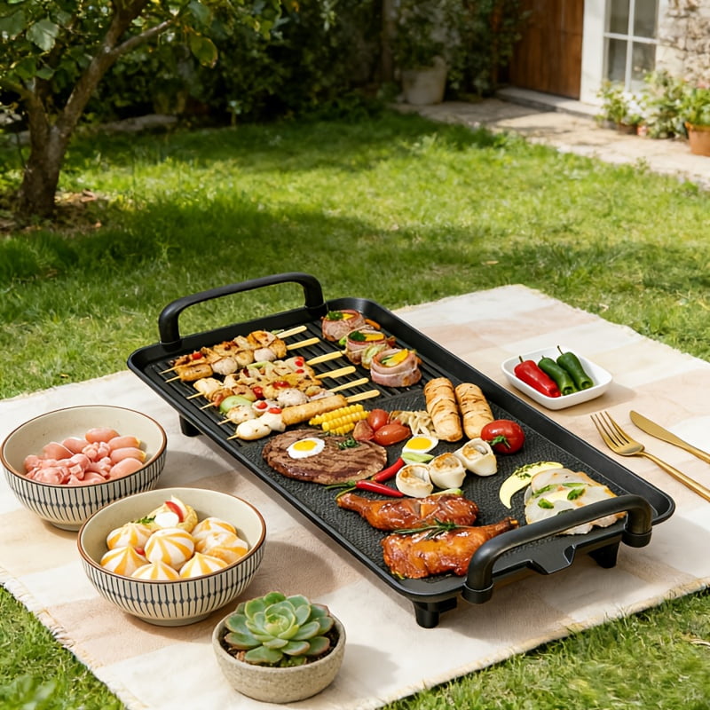 Smoke-Free Electric Grill Pan with Non-Stick Coating, Adjustable Temperature, Indoor BBQ