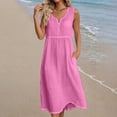 thumbnail image 4 of Hurxie Women's Summer Boho V-Neck Cotton Tunic Dress Casual Loose Short Sleeve Midi Long Beach Dress Pink,M, 4 of 4