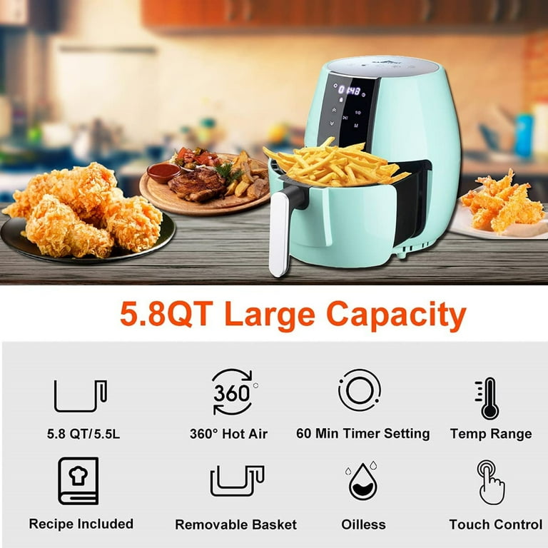 Sanptent 5.8 Quart Air Fryer, Electric Hot Oven Oilless Multifunctional Cooker with Digital LED Touchscreen, Auto Shut-Off (Green)