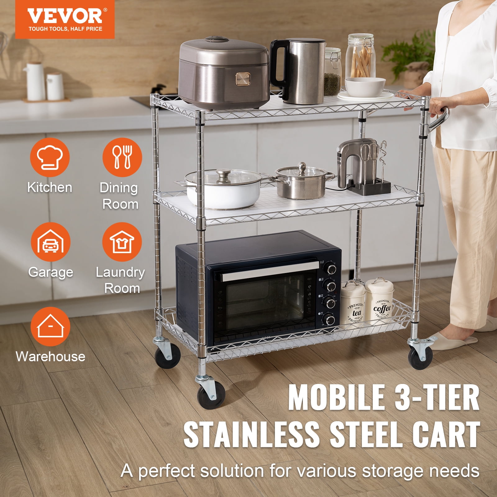 VEVOR Kitchen Utility Cart,3 Tiers,Wire Rolling Cart with 661LBS Capacity, Steel Service Cart on Wheels, Metal Storage Trolley with 80mm Basket Curved Handle PP Liner 6 Hooks, for Indoor and Outdoor