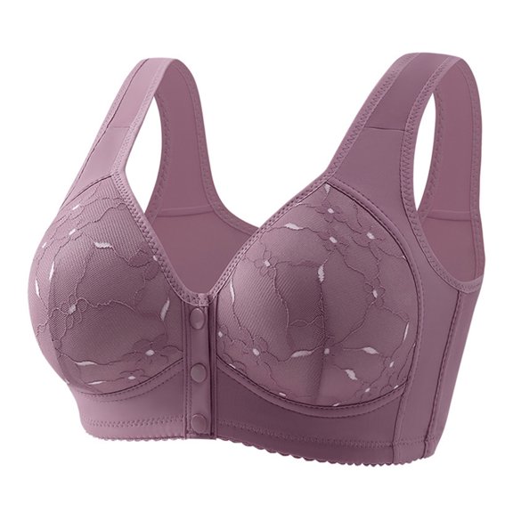 Mid-aged Female Bra Plus Size Elastic Front Button Closure Floral Lace Shockproof Push-up Anti-snagging Wireless Mother Daily Bra