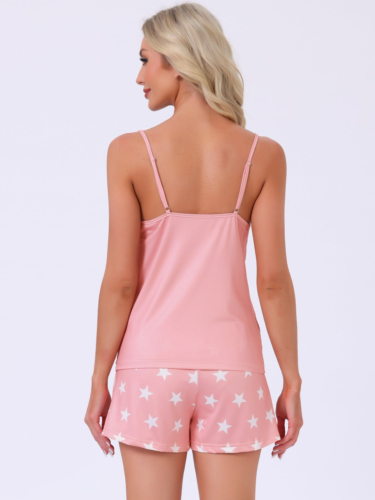 DARING DIVA Women's Lace Trim Star Print V Neck Tank with Shorts Pajama Set S Pink