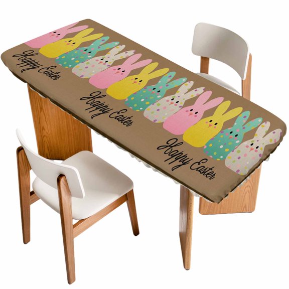 Easter Table Cloths for 8 Foot Rectangle Tables, Colorful Bunny Spring Cartoon Cute Rabbits Brown Patio Waterproof Elastic Fitted Tablecloths, Washable Rectangular Table Cover for Camping