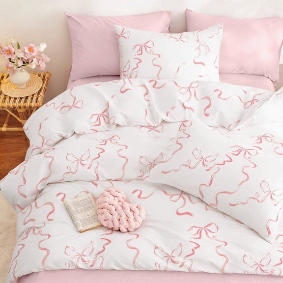 3 Pieces Girl Pink Bowknot Duvet Cover Set Cute Pink Bow Tie Knot on White Princess Queen Bedding Set Soft Home Cozy and Breathable Comforter Cover Set